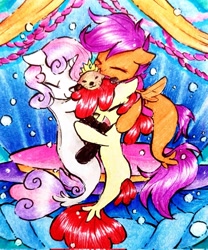 Size: 1703x2048 | Tagged: safe, artist:liaaqila, derpibooru import, apple bloom, scootaloo, sweetie belle, otter, seapony (g4), g4, surf and/or turf, bubble, crown, cute, cutie mark crusaders, dorsal fin, eyes closed, female, fin, fin wings, fins, fish tail, flowing mane, flowing tail, happy, hug, in memoriam, jewelry, looking at each other, looking at someone, ocean, open mouth, open smile, regalia, ribbon, rosa the sea otter, sea otter, sea-mcs, seaponified, seapony apple bloom, seapony scootaloo, seapony sweetie belle, seaquestria, seashell, smiling, smiling at each other, species swap, swimming, tail, throne, underwater, water, wings