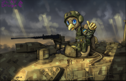 Size: 5223x3363 | Tagged: safe, artist:zlatdesign, derpibooru import, oc, oc only, oc:oleksander clawkiv, griffon, clothes, cloud, cloudy, gun, helmet, m1 abrams, military, military uniform, solo, tank (vehicle), thumbs up, ukraine, uniform, war, weapon