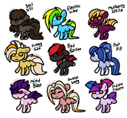 Size: 2820x2616 | Tagged: safe, artist:sexygoatgod, derpibooru import, oc, oc only, oc:electric vibe, oc:frizzle frazzle, oc:mind blast, oc:mulberry spritz, oc:pop pip, oc:red barren, oc:soil sift, oc:sunny side, oc:sweet song, pony, adoptable, female, male, simple background, transparent background