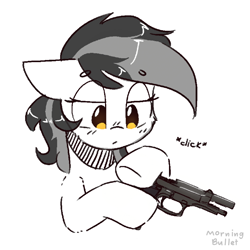 Size: 2000x2000 | Tagged: safe, artist:morningbullet, derpibooru import, oc, oc only, oc:noot, pony, beretta, beretta 92fs, dexterous hooves, gun, handgun, onomatopoeia, pistol, simple background, solo, sound effects, weapon, white background