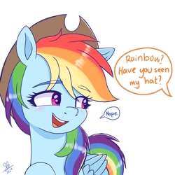 Size: 1280x1280 | Tagged: safe, artist:galaxy swirl, derpibooru import, applejack, rainbow dash, pegasus, pony, g4, applejack's hat, blatant lies, blushing, clothes, cowboy hat, dialogue, female, folded wings, hat, mare, offscreen character, open mouth, open smile, simple background, smiling, solo, speech bubble, white background, wings