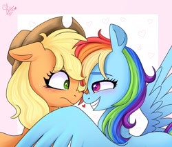 Size: 1214x1036 | Tagged: safe, artist:galaxy swirl, derpibooru import, applejack, rainbow dash, earth pony, pegasus, pony, g4, appledash, applejack's hat, blushing, boop, clothes, cowboy hat, duo, duo female, eye contact, female, freckles, grin, hat, heart, lesbian, looking at each other, looking at someone, mare, nose wrinkle, noseboop, shipping, smiling, smiling at someone, spread wings, wings