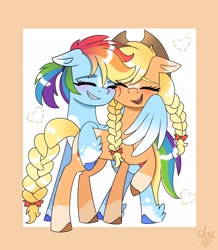 Size: 1782x2048 | Tagged: safe, artist:galaxy swirl, derpibooru import, applejack, rainbow dash, earth pony, pegasus, pony, g4, alternate hairstyle, appledash, applejack's hat, blushing, braid, braided pigtails, braided tail, cheek squish, clothes, cowboy hat, duo, duo female, eyes closed, female, freckles, hat, heart, hug, lesbian, mare, open mouth, open smile, passepartout, pigtails, raised hoof, raised leg, shipping, smiling, squishy cheeks, tail, winghug, wings