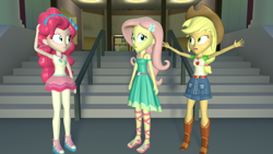 Size: 2048x1152 | Tagged: safe, artist:gaelgaming1, derpibooru import, applejack, fluttershy, pinkie pie, human, better together, equestria girls, g4, 3d, applejack's skirt, canterlot high, clothes, denim, denim skirt, female, fluttershy boho dress, rah rah skirt, skirt, source filmmaker, trio, trio female