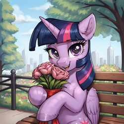 Size: 1024x1024 | Tagged: safe, ai content, derpibooru import, generator:pony diffusion v6 xl, generator:stable diffusion, machine learning generated, twilight sparkle, twilight sparkle (alicorn), alicorn, pony, g4, bench, bouquet, eyebrows, eyebrows visible through hair, fence, flower, hug, looking at you, open mouth, open smile, outdoors, prompter:thelight3d, smiling, smiling at you, solo, tree