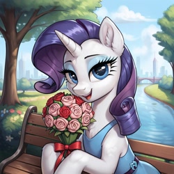 Size: 1024x1024 | Tagged: safe, ai content, derpibooru import, generator:pony diffusion v6 xl, generator:stable diffusion, machine learning generated, rarity, pony, unicorn, g4, bench, bouquet, clothes, dress, female, flower, horn, looking at you, makeup, mare, open mouth, open smile, outdoors, prompter:thelight3d, river, smiling, smiling at you, solo, tree, water