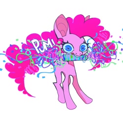 Size: 908x877 | Tagged: safe, artist:cutesykill, derpibooru import, pinkie pie, earth pony, pony, g4, big ears, blue eyes, blue sclera, colored pinnae, colored sclera, concave belly, confetti, curly hair, curly mane, curly tail, ears, eyelashes, female, long legs, mare, missing cutie mark, mouth hold, onomatopoeia, pink coat, pink mane, pink tail, rectangular pupil, simple background, slender, solo, tail, teeth, thin, thin legs, three quarter view, white background, wide eyes