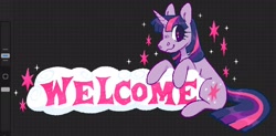 Size: 2048x1009 | Tagged: safe, artist:beyhr, derpibooru import, twilight sparkle, unicorn twilight, pony, unicorn, g4, art program in frame, bangs, banner, digital art, eye clipping through hair, eyelashes, female, grid background, horn, looking back, mare, patterned background, pink text, pixel art, procreate app, purple coat, purple eyes, shiny mane, shiny tail, sitting, smiling, solo, sparkles, starry eyes, straight mane, straight tail, three toned mane, three toned tail, unicorn horn, welcome, wingding eyes