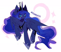 Size: 2126x1812 | Tagged: safe, artist:emoboy130, derpibooru import, princess luna, alicorn, pony, g4, bandaid, blue eyes, blue eyeshadow, colored pinnae, crown, ear fluff, ear piercing, earring, ears, ethereal mane, eyelashes, eyeshadow, female, flying, frown, hoof shoes, horn, jewelry, long eyelashes, long horn, long mane, long tail, makeup, mare, partially open wings, peytral, piercing, princess shoes, raised hoof, raised leg, regalia, signature, simple background, solo, sparkles, starry mane, starry tail, tail, three quarter view, tiara, two toned mane, two toned tail, unicorn horn, wavy mane, wavy tail, white background, wings