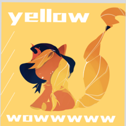 Size: 1080x1080 | Tagged: safe, artist:mengmao422, derpibooru import, oc, earth pony, pony, brown coat, english, no eyes, orange coat, simple background, sitting, solo, text, yellow background