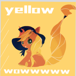 Size: 1080x1080 | Tagged: safe, artist:mengmao422, derpibooru import, oc, earth pony, pony, brown coat, english, lineless, no eyes, orange coat, simple background, sitting, solo, text, yellow background