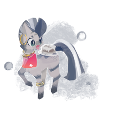 Size: 1080x1080 | Tagged: safe, artist:mengmao422, derpibooru import, zecora, zebra, g4, abstract background, cake, cute, fangs, food, full body, jewelry, lineless, mohawk, open mouth, reaching, ring, solo, zecorable