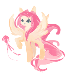 Size: 1080x1080 | Tagged: safe, artist:mengmao422, derpibooru import, fluttershy, pegasus, pony, g4, cute, full body, open mouth, open smile, pink mane, pink tail, raised hoof, raised leg, shyabetes, smiling, solo, spread wings, tail, tan coat, wings