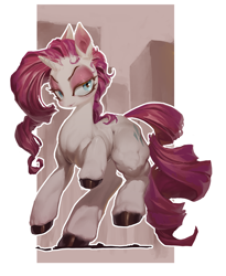 Size: 1158x1414 | Tagged: safe, alternate version, artist:derekireba, derpibooru import, rarity, pony, unicorn, g4, abstract background, female, full body, hooves, horn, lidded eyes, lipstick, looking at you, makeup, mare, passepartout, solo, standing, standing on one leg, unshorn fetlocks