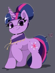 Size: 1536x2048 | Tagged: safe, artist:galaxynightt, derpibooru import, twilight sparkle, unicorn twilight, pony, unicorn, g4, alternate hairstyle, eyebrows, eyebrows visible through hair, female, gray background, hair bun, horn, looking at you, mare, raised hoof, raised leg, simple background, smiling, smiling at you, solo, tail