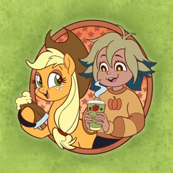 Size: 2048x2048 | Tagged: safe, artist:sophie scruggs, derpibooru import, part of a set, earth pony, pony, g4, spoiler:the owl house, applejack's hat, cider, cider mug, clothes, cowboy hat, duo, duo female, female, freckles, hat, high res, humanoid, mare, mug, open mouth, open smile, smiling, the owl house, vee