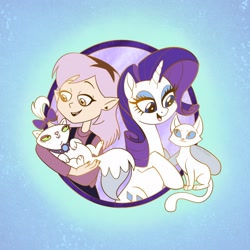 Size: 2048x2048 | Tagged: safe, alternate version, artist:sophie scruggs, derpibooru import, part of a set, opalescence, rarity, cat, pony, unicorn, g4, spoiler:the owl house, amity blight, bow, duo, duo female, ear piercing, eyeshadow, female, ghost (the owl house), hair bow, heart, horn, humanoid, makeup, mare, open mouth, open smile, palisman, pet, piercing, smiling, the owl house, witch