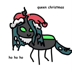 Size: 1500x1500 | Tagged: safe, artist:图像看什么, derpibooru import, queen chrysalis, changeling, changeling queen, g4, christmas, female, hat, holiday, mare, queen christmas, santa hat, simple background, solo, text, white background