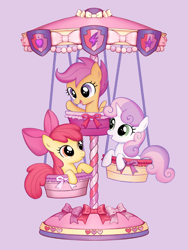 Size: 1280x1706 | Tagged: safe, artist:泉能三角形, derpibooru import, apple bloom, scootaloo, sweetie belle, earth pony, pegasus, unicorn, g4, carousel, cute, cutie mark crusaders, diasweetes, female, horn, open mouth, pink background, simple background, smiling, trio, trio female