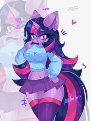 Size: 768x1024 | Tagged: safe, artist:lovekawaiibix, derpibooru import, twilight sparkle, unicorn twilight, anthro, pony, unicorn, g4, 2024, breasts, clothes, cute, female, hair, headlight sparkle, horn, legwear, mane, midriff, multicolored mane, multicolored tail, purple body, schrödinger's pantsu, skirt, socks, solo, tail, thigh highs, twiabetes, zoom layer