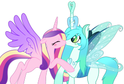 Size: 2147x1459 | Tagged: safe, artist:fillyfool, derpibooru import, princess cadance, queen chrysalis, alicorn, changedling, changeling, pony, g4, a better ending for chrysalis, blushing, duo, ears back, eyelashes, eyes closed, female, flying, gradient mane, gradient tail, green blush, green eyes, height difference, holding, horn, infidelity, insect wings, kiss on the lips, kissing, lesbian, mare, purified chrysalis, raised hoof, raised leg, ship:cadalis, shipping, simple background, spread wings, tail, transparent background, what if, wide eyes, wings