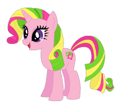 Size: 493x424 | Tagged: safe, artist:selenaede, artist:user15432, derpibooru import, lulu luck, pony, unicorn, g4, base used, generation leap, horn, multicolored mane, multicolored tail, not rarity, open mouth, open smile, pink coat, purple eyes, rarity hair, recolor, simple background, smiling, solo, tail, transparent background