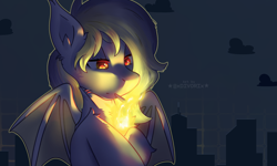 Size: 3807x2285 | Tagged: safe, artist:divori, derpibooru import, oc, oc only, oc:cigarette smoke, bat pony, bat pony oc, burn, chest fluff, depressed, ear fluff, ears, female, fire, glowing, glowing eyes, mare, smoking, solo, thinking, wings