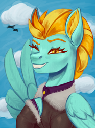 Size: 1560x2100 | Tagged: safe, artist:mr.catfish, derpibooru import, lightning dust, pegasus, pony, equestria at war mod, g4, bomber jacket, clothes, colored ear fluff, colored eyebrows, ear fluff, ears, eaw redux, female, golden eyes, grin, half body, hoof on chest, jacket, looking at you, mare, military uniform, one eye closed, outdoors, peace sign, shirt, smiling, solo, teeth, uniform, wing hands, wings, yellow mane