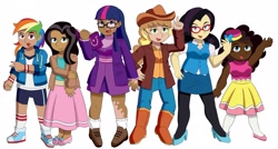 Size: 2048x1097 | Tagged: safe, artist:ashleyponies, derpibooru import, applejack, fluttershy, pinkie pie, rainbow dash, rarity, twilight sparkle, human, g4, book, clothes, commission, commissioner:prixy05, converse, dark skin, glasses, humanized, light skin, mane six, moderate dark skin, shoes, simple background, white background