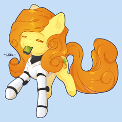 Size: 4600x4600 | Tagged: safe, artist:шок, derpibooru import, oc, oc only, oc:anna pine, earth pony, pony, :3, armor, clothes, curly hair, curly mane, curly tail, freckles, hood, long hair, long tail, orange mane, orange tail, simple background, smiling, solo, tail, yellow coat