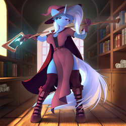 Size: 3200x3200 | Tagged: safe, artist:4m4i, derpibooru import, trixie, anthro, unguligrade anthro, unicorn, g4, big ears, book, bookshelf, boots, breasts, cape, clothes, ears, female, gloves, hat, horn, indoors, looking at you, magic staff, shoes, socks, solo, staff, thigh highs, titsie, wizard hat