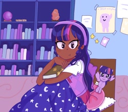 Size: 2003x1759 | Tagged: safe, artist:fluttereinites, derpibooru import, twilight sparkle, twilight sparkle (alicorn), alicorn, human, pony, g4, bed, blanket, book, bookshelf, clothes, cute, dark skin, female, hairband, humanized, mare, plushie, poster, shirt, skirt, solo, sweater vest, twiabetes