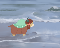 Size: 2481x1975 | Tagged: safe, artist:lillslim, derpibooru import, yona, yak, g4, colored, detailed background, digital art, flat colors, looking to side, looking to the right, melancholy, ocean, side view, solo, water