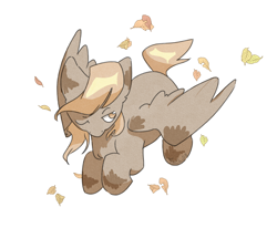 Size: 2334x1920 | Tagged: safe, artist:ju4111a, derpibooru import, oc, oc only, pegasus, autumn, flying, leaves, looking at something, one eye closed, pegasus oc, raised hoof, raised leg, simple background, solo, spread wings, white background, wings, wink