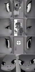 Size: 1989x4000 | Tagged: safe, artist:anonymousandrei, derpibooru exclusive, derpibooru import, cheese sandwich, limestone pie, marble pie, earth pony, pony, comic:life of li'l cheese, g4, aunt and nephew, bedroom eyes, evil smile, father and child, father and son, female, grammar error, implied li'l cheese, looking at someone, male, mare, offscreen character, older, older cheese sandwich, older limestone pie, older marble pie, parent and child, perspective, pie family home, pov, smiling, stallion