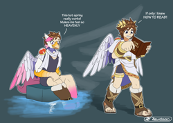 Size: 2609x1857 | Tagged: safe, artist:zeydaan, derpibooru import, oc, oc:foxxy hooves, angel, anthro, hippogriff, human, book, character to character, female, female to male, hippogriff oc, hot springs, human female, kid icarus, pit (kid icarus), rule 63, sitting, transformation, transformation sequence, transgender transformation