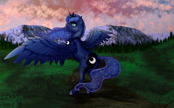 Size: 3508x2172 | Tagged: safe, artist:egyptian, derpibooru import, edit, princess luna, alicorn, pony, g4, butt, crown, female, grass, jewelry, mare, mountain, outdoors, peytral, plot, regalia, scenery, sfw edit, solo, spread wings, sunset, trail, wings