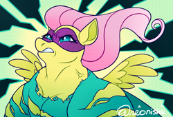 Size: 1110x756 | Tagged: safe, artist:neonishe, derpibooru import, fluttershy, saddle rager, pegasus, pony, g4, power ponies (episode), angry, clothes, cross-popping veins, emanata, female, flutterhulk, mare, mask, muscles, muscleshy, power ponies, solo, torn clothes