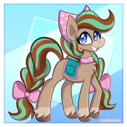 Size: 1794x1792 | Tagged: safe, artist:saveraedae, derpibooru import, pony, abstract background, bow, brown fur, brown mane, cocoa (wild manes), female, hair bow, looking at you, mare, passepartout, ponified, saddle, smiling, solo, species swap, tack, teal mane, unshorn fetlocks, wild manes