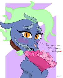 Size: 2600x3200 | Tagged: safe, artist:anix_space, derpibooru import, dragon, hybrid, longma, them's fightin' herds, baihe (tfh), blushing, bouquet, bust, community related, crying, flower, portrait, simple background, tears of joy