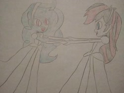 Size: 1040x780 | Tagged: safe, artist:arrowsweetie, derpibooru import, oc, oc only, oc:jemimasparkle, oc:red arrow, human, equestria girls, g4, ballgown, choker, cinderella, clothes, cute, dancing, dancing together, dress, duo, evening gloves, female, gloves, gown, hairband, long gloves, looking at each other, looking at someone, ocbetes, open mouth, open smile, poofy shoulders, smiling, smiling at each other, traditional art, waltz