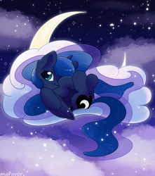 Size: 1500x1700 | Tagged: safe, artist:maravor, derpibooru import, princess luna, alicorn, pony, g4, cloud, constellation hair, crescent moon, ethereal mane, female, lying down, mare, moon, night, night sky, on back, sky, solo, starry mane, stars, tangible heavenly object