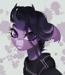 Size: 3161x3603 | Tagged: safe, artist:meggychocolatka, derpibooru import, oc, oc only, oc:meg, cow, abstract background, big ears, bust, chibi, cow oc, cute, ears, halftone, horns, icon, portrait, purple background, purple body, purple eyes, purple hair, simple background