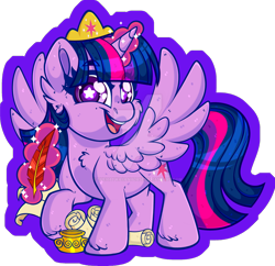 Size: 1600x1551 | Tagged: safe, artist:thehaywaiianhorse, derpibooru import, twilight sparkle, twilight sparkle (alicorn), alicorn, pony, g4, chibi, deviantart watermark, magic, obtrusive watermark, open mouth, open smile, partially transparent background, quill, scroll, smiling, solo, spread wings, starry eyes, watermark, wingding eyes, wings