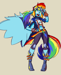 Size: 2406x2935 | Tagged: safe, artist:shadowhawx, derpibooru import, rainbow dash, human, pegasus, g4, alternate hairstyle, beige background, belly, belly button, breasts, clothes, compass, ear piercing, eared humanization, earring, female, fingerless gloves, gloves, goggles, goggles on head, green eyes, hand on hip, high res, humanized, jewelry, knee pads, large wings, looking back, midriff, open mouth, open smile, piercing, pony coloring, ponytail, reasonably sized breasts, simple background, smiling, solo, spread wings, suspenders, tail, tailed humanization, winged humanization, wings, wrong eye color