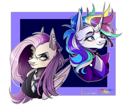 Size: 1300x1100 | Tagged: safe, artist:legendaryshadee, derpibooru import, fluttershy, rarity, pony, g4, alternate hairstyle, bust, duo, duo female, female, fluttergoth, portrait, punk, raripunk, solo