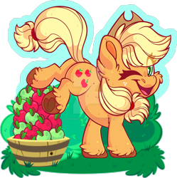 Size: 1600x1607 | Tagged: safe, artist:thehaywaiianhorse, derpibooru import, applejack, earth pony, pony, g4, apple, applebutt, bucking, butt, chibi, deviantart watermark, eye clipping through hair, food, looking at you, looking back, looking back at you, obtrusive watermark, one eye closed, open mouth, open smile, outdoors, plot, smiling, solo, watermark, wink, winking at you