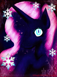 Size: 1024x1366 | Tagged: safe, artist:asinglepetal, derpibooru import, nightmare rarity, pony, unicorn, g4, ethereal mane, gradient background, hearth's warming, horn, procreate app, slit eyes, snow, snowflake, solo, starry mane, stars, watermark, wavy mane, winter