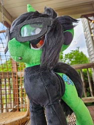 Size: 1536x2048 | Tagged: safe, artist:slappyhappy, derpibooru import, pony, unicorn, clothes, commission, facial piercing, glasses, horn, irl, lip piercing, long sleeves, male, outdoors, photo, pierce the veil, piercing, plushie, ponified, shirt, snake bites, solo, species swap, stallion, tony perry