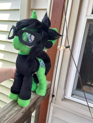 Size: 1536x2048 | Tagged: safe, artist:slappyhappy, derpibooru import, pony, unicorn, clothes, commission, facial piercing, glasses, horn, irl, lip piercing, long sleeves, male, outdoors, photo, pierce the veil, piercing, plushie, ponified, shirt, snake bites, solo, species swap, stallion, tony perry